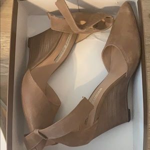 Taupe Audrey Brooke wedge heels with ankle strap